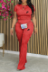 Red Casual Street Letter Print Texture O Neck Short Sleeve Two Pieces