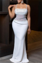 White Sexy Patchwork Backless Hot Drill Spaghetti Strap Long Dresses