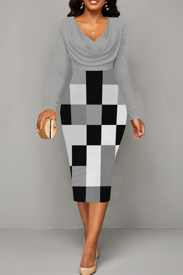 Light Gray Sexy Plaid Patchwork Ruched V Neck Wrapped Skirt Dresses