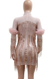 Pink Sexy Fringed Trim Ripped Patchwork See-Through Mesh Turtleneck Evening Dresses