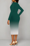 Green Elegant Gradient Print Contrast V Neck Printed Dresses