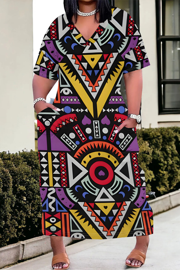 Purple Casual Geometric Print Pocket Contrast V Neck Printed Plus Size Dresses