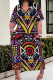 Purple Casual Geometric Print Pocket Contrast V Neck Printed Plus Size Dresses