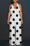White Casual Street Ripple Print Lace Up Backless Halter Loose Jumpsuits