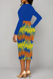 Blue Elegant Colorblock Print Contrast V Neck Printed Dresses