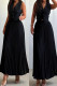 Black Elegant Flowers Patchwork Ruched V Neck Sleeveless Two Pieces