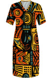 Purple Casual Geometric Print Pocket Contrast V Neck Printed Plus Size Dresses