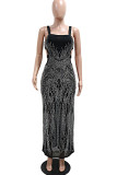 Blue Sexy Hollow Out Patchwork Backless Hot Drill Square Neck Long Dresses