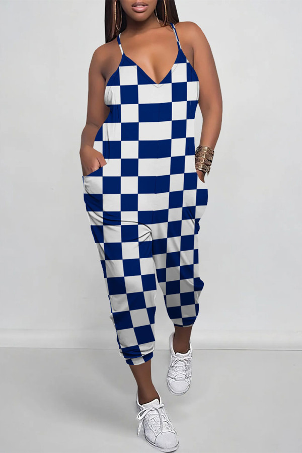 Blue Casual Daily Plaid Print Pocket Contrast V Neck Loose Jumpsuits