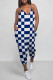 Blue Casual Daily Plaid Print Pocket Contrast V Neck Loose Jumpsuits