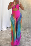 Rose Red Sexy Stripe Hollow Out Patchwork Backless Spaghetti Strap Regular Jumpsuits