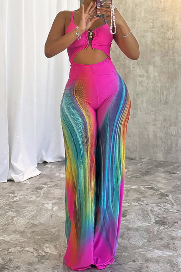 Rose Red Sexy Stripe Hollow Out Patchwork Backless Spaghetti Strap Regular Jumpsuits