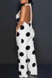White Casual Street Ripple Print Lace Up Backless Halter Loose Jumpsuits
