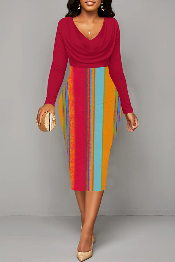 Red Elegant Colorblock Print Contrast V Neck Printed Dresses