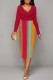 Red Elegant Colorblock Print Contrast V Neck Printed Dresses