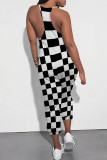 Blue Casual Daily Plaid Print Pocket Contrast V Neck Loose Jumpsuits