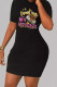 Black Sexy Print Patchwork O Neck Wrapped Skirt Dresses