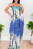 Turquoise Casual Tie Dye Patchwork Backless Spaghetti Strap Sling Dresses