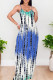 Blue White Casual Tie Dye Patchwork Backless Spaghetti Strap Sling Dresses