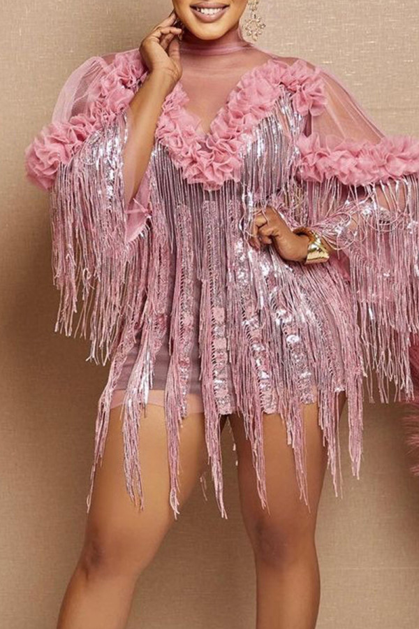 Pink Sexy Fringed Trim Ripped Patchwork See-Through Mesh Turtleneck Evening Dresses