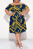 Light Color Casual Print Patchwork Off Shoulder Short Sleeve Plus Size Dresses