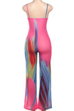 Rose Red Sexy Stripe Hollow Out Patchwork Backless Spaghetti Strap Regular Jumpsuits