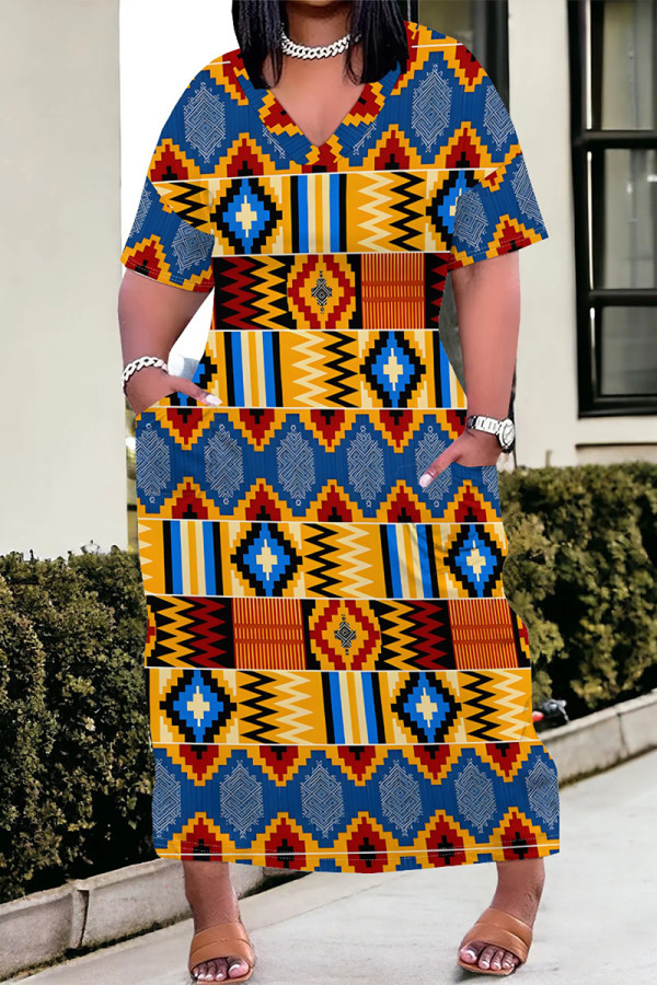 Blue Casual Geometric Print Pocket Contrast V Neck Printed Plus Size Dresses