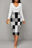 Light Gray Sexy Plaid Patchwork Ruched V Neck Wrapped Skirt Dresses