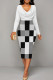 White Sexy Plaid Patchwork Ruched V Neck Wrapped Skirt Dresses