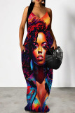 Red-brown Sexy Print Pocket Patchwork Spaghetti Strap Sling Dresses