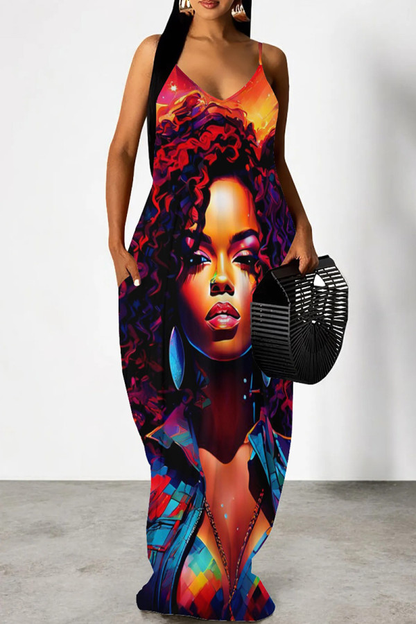 Red-brown Sexy Print Pocket Patchwork Spaghetti Strap Sling Dresses
