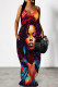 Red-brown Sexy Print Pocket Patchwork Spaghetti Strap Sling Dresses