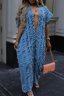 Blue Street Solid Color Ripped Patchwork Deep V Neck Short Sleeve Loose Denim Jumpsuits