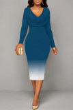 Green Elegant Gradient Print Contrast V Neck Printed Dresses