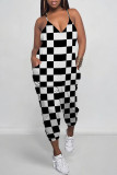 Blue Casual Daily Plaid Print Pocket Contrast V Neck Loose Jumpsuits