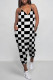 Black Casual Daily Plaid Print Pocket Contrast V Neck Loose Jumpsuits