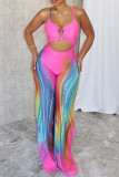 Rose Red Sexy Stripe Hollow Out Patchwork Backless Spaghetti Strap Regular Jumpsuits