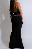 White Sexy Patchwork Backless Hot Drill Spaghetti Strap Long Dresses