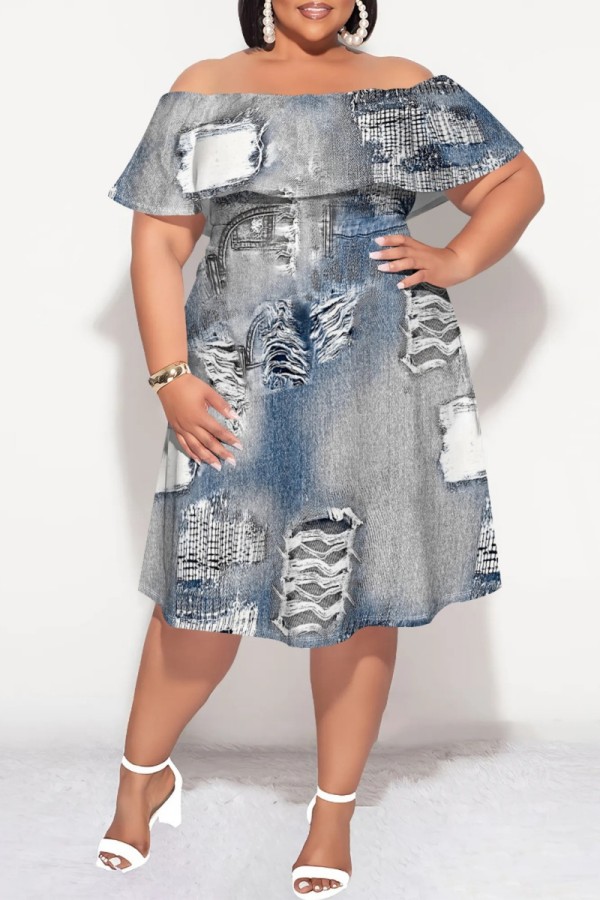 Light Color Casual Print Patchwork Off Shoulder Short Sleeve Plus Size Dresses