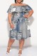 Light Color Casual Print Patchwork Off Shoulder Short Sleeve Plus Size Dresses