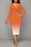 Green Elegant Gradient Print Contrast V Neck Printed Dresses