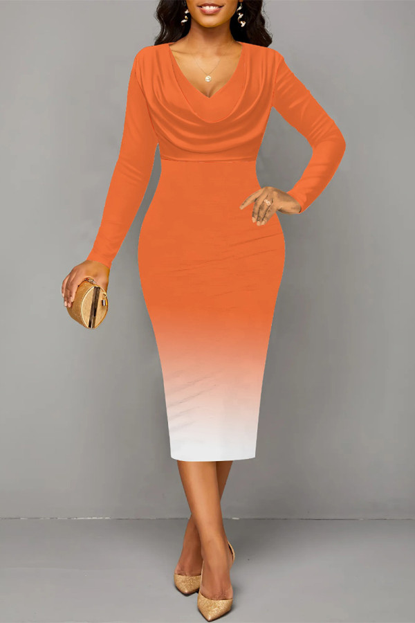 Orange Elegant Gradient Print Contrast V Neck Printed Dresses