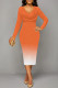 Orange Elegant Gradient Print Contrast V Neck Printed Dresses