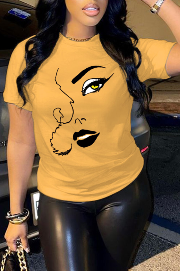 Yellow Casual Street Eyes Print O Neck T-Shirts