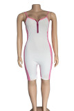 Pink Sexy Patchwork Backless Zipper Contrast Spaghetti Strap Skinny Rompers