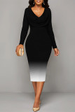 Green Elegant Gradient Print Contrast V Neck Printed Dresses
