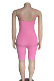 Pink Sexy Patchwork Backless Zipper Contrast Spaghetti Strap Skinny Rompers
