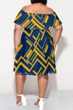 Light Color Casual Print Patchwork Off Shoulder Short Sleeve Plus Size Dresses