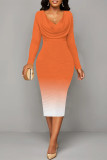 Green Elegant Gradient Print Contrast V Neck Printed Dresses