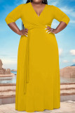 Yellow Casual Solid Color Lace Up V Neck Printed Plus Size Dresses